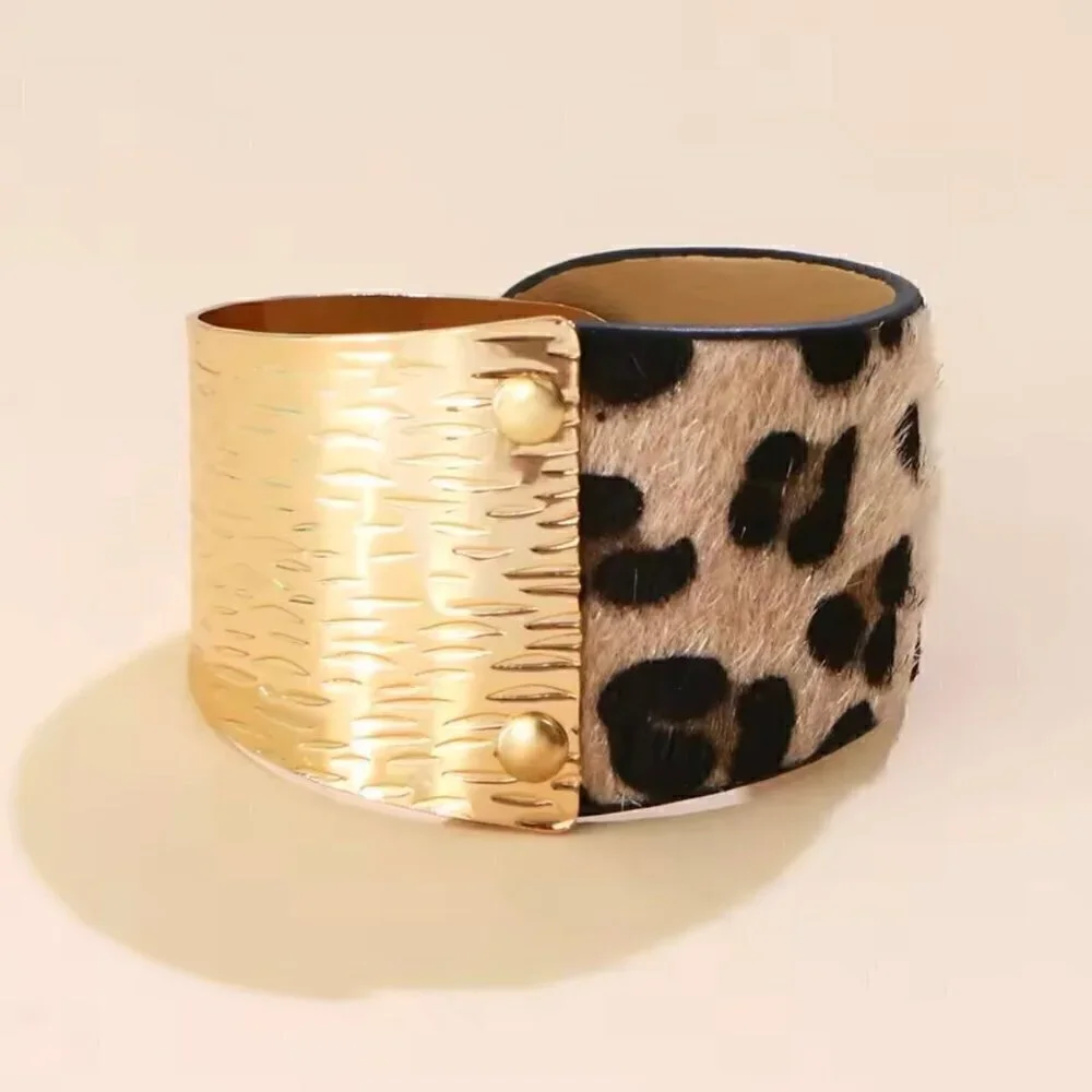 New Statement Leopard Print Bracelet Gold Textured Metal Wide Animal Print